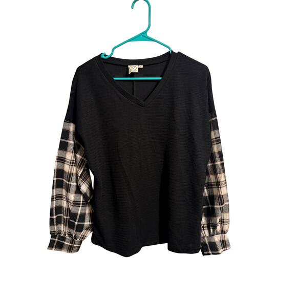 Grace & Emma Tops - Grace & Emma Women's Blouse with Plaid Flannel Bishop Sleeves